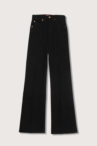 flat lay The Crease Jean Black wash relaxed narrow flare