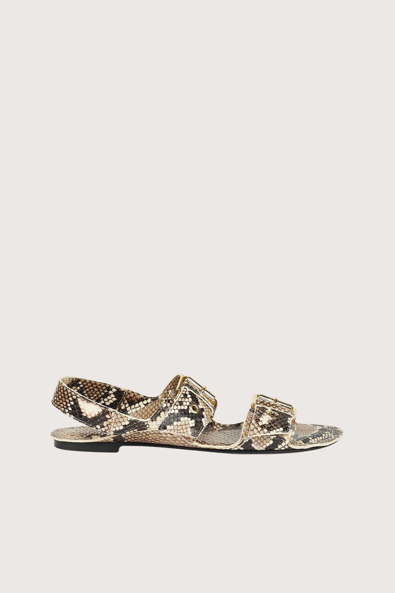 side profile The Double Buckle Sandal Python Double Buckle sandal Italian calfskin
Leather wrapped insole and leather sole