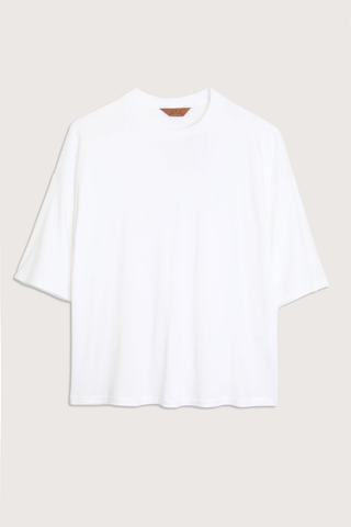 flat lay The Draped Tee white High crew
Dolman tee elbow sleeve silhouette
Dolman shaped body cotton modal blend