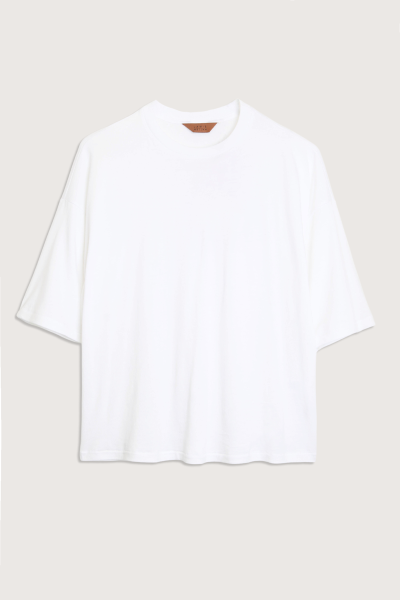 flat lay The Draped Tee white High crew
Dolman tee elbow sleeve silhouette
Dolman shaped body cotton modal blend