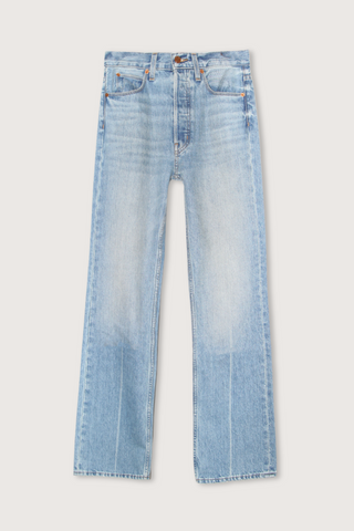 flat lay the easy mid-rise, relaxed fit, straight leg jean in worn indigo jean