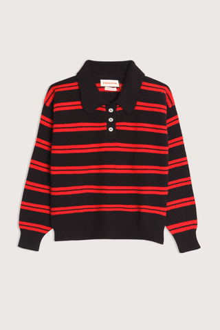 flat lay The Edie Stripe Polo Dark Brown/Red Classic polo design
Chunky ribbed trims
Material: 100% wool