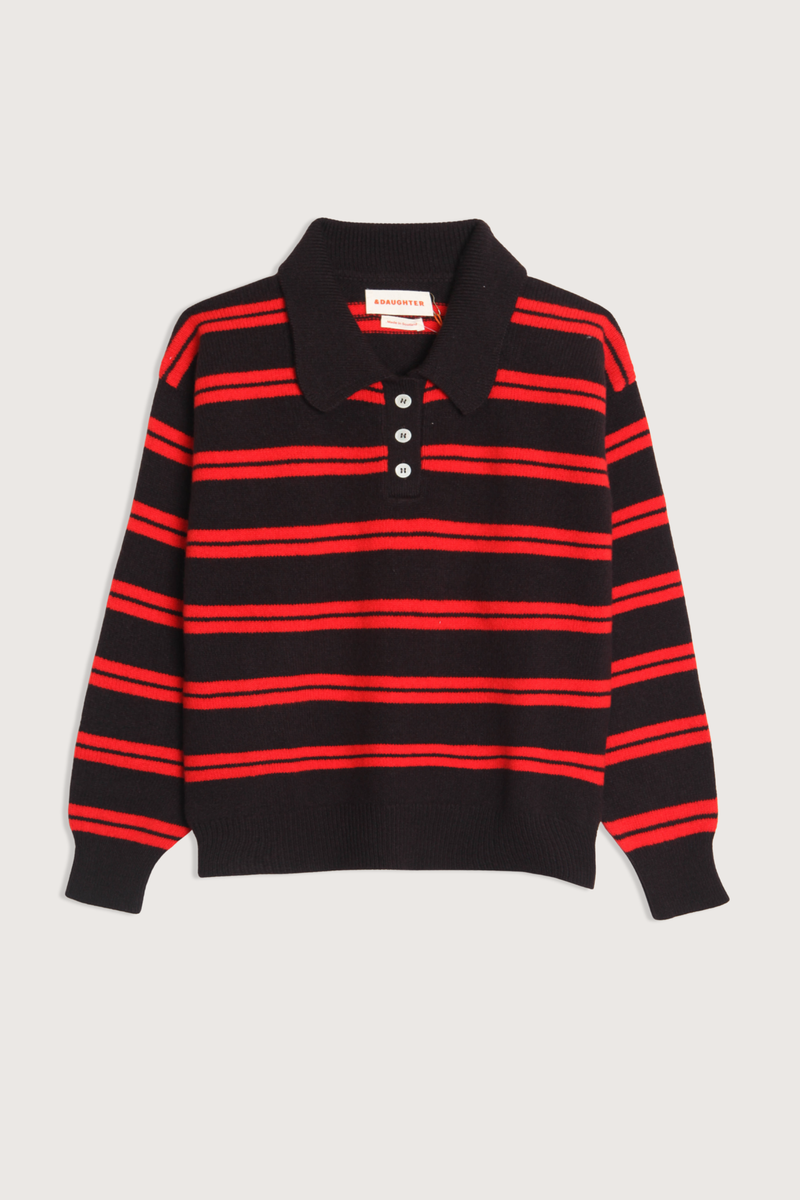 flat lay The Edie Stripe Polo Dark Brown/Red Classic polo design
Chunky ribbed trims
Material: 100% wool