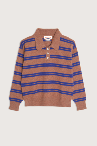 flat lay The Edith Stripe Polo Hazelnut/Blue Classic polo design
Chunky ribbed trims
Material: 100% wool