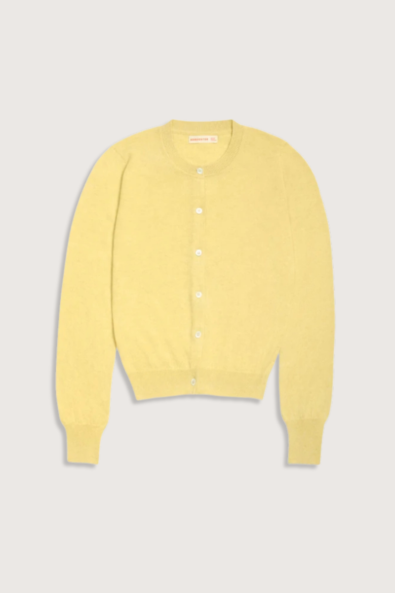 flat lay The Enya Cashmere/Cotton Cardigan pale yellow, crewneck, ribbed hem and cuff, button front closure