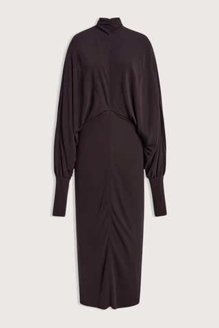 flat lay The Helena Dolman Jersey Dress ganache brown Midi-length
High neckline
Draped bodice
Gathered waist
Sleeves taper at the cuffs
Invisible center-back zipper
Covered button closures at back neck
Bodice and skirt are self-lined