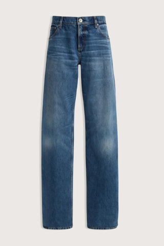 flat lay The Lana Trouser Denim bi-color blue mid wash
Wide-leg
Split seam construction
Integrated side pleats 
Classic five-pocket construction
Back darts in place of a traditional denim yoke
Brown denim back patch
Zip fly with button closure
100% Cotton