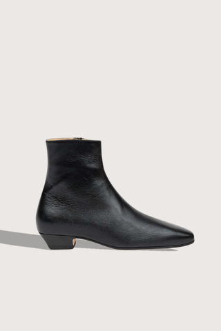 side profile The Lennon Boot leather upper black elongated toe cuban stacked leather heel