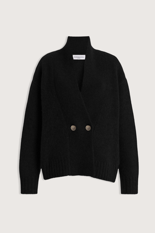 flat lay The Lowen Double Breasted Shawl Cardigan black Silk-cashmere knit cardigan
Double-breasted silhouette
High shawl collar
Dropped shoulders
Long sleeves
Two-button front closure
Ribbed cuffs and hem
Relaxed fit with subtle shaping through the waist