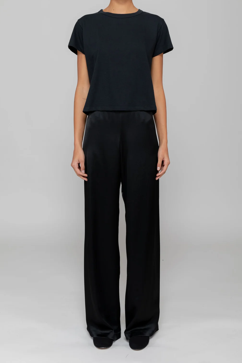 front profile model wearing The Margo Black cotton crewneck tee