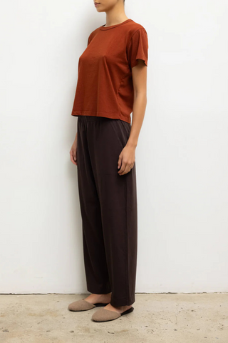 side profile model wearing The Margo Cinnamon cotton classic fit crewneck tee