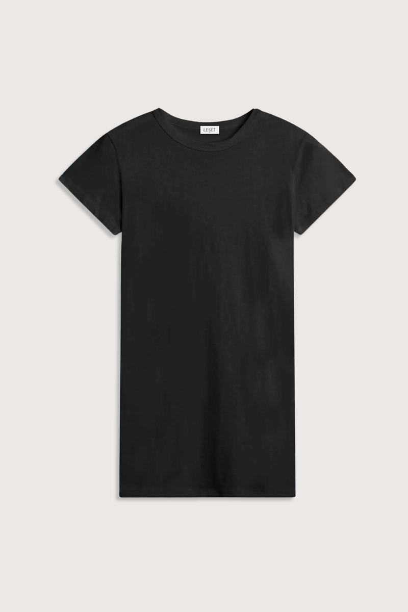 flat lay The Margo Dress black 
Mini length
Hits mid-thigh
Clean crew neckline
Structured short sleeves
Slightly boxy fit
100% Cotton