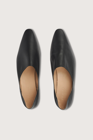 top profile The Mule black leather slim almond pointed toe with step down soft heel (leather heel up)