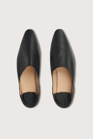 top profile The Mule black leather slim almond pointed toe with step down soft heel (leather heel down)