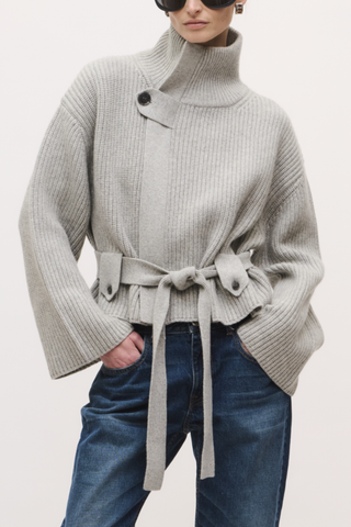 front profile model wearing The Neal  Sweater Jacket Foggy ZIP FRONT
TIE BELT
HIGH NECK
60% RECYCLED CASHMERE, 40% CASHMERE