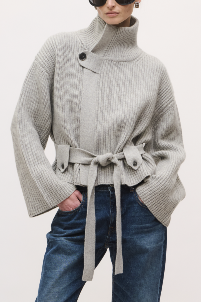 front profile model wearing The Neal  Sweater Jacket Foggy ZIP FRONT
TIE BELT
HIGH NECK
60% RECYCLED CASHMERE, 40% CASHMERE