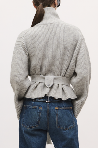 back profile model wearing The Neal  Sweater Jacket Foggy ZIP FRONT
TIE BELT
HIGH NECK
60% RECYCLED CASHMERE, 40% CASHMERE