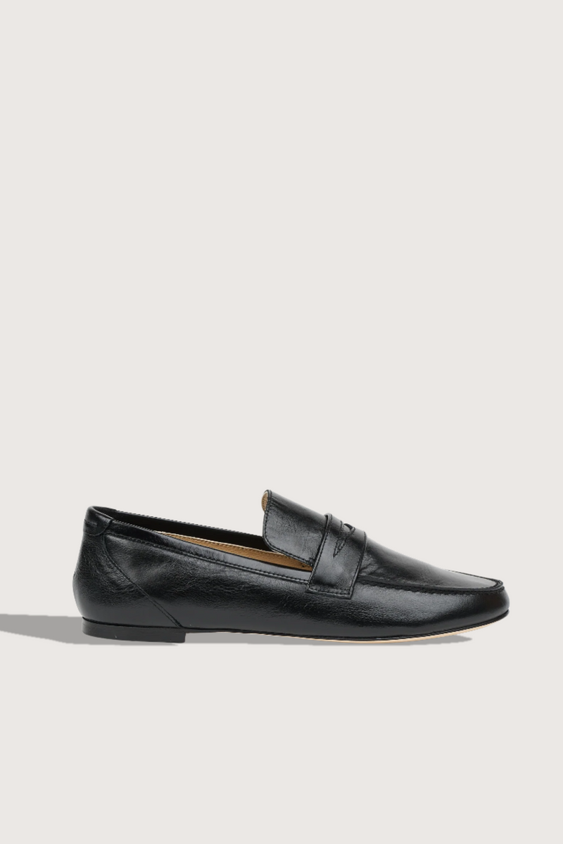 side profile The Penny Loafer Black leather upper soft leather thin leather sole