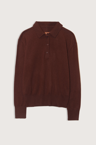 flat lay The Polo Cinnamon Rib knit collar
Skinny polo placket
12 gg 100% royal cashmere
Regular fit