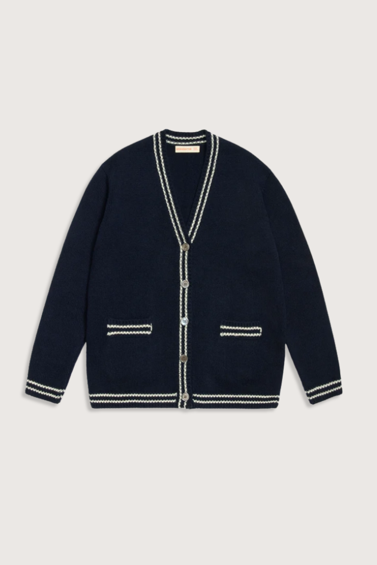 flat lay The Stripe Trim V-Neck Cardigan navy white lambswool  White with Navy Stripe Trim
slouchy, oversized fit, v-neck, long sleeve