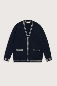 flat lay The Stripe Trim V-Neck Cardigan navy white lambswool  White with Navy Stripe Trim
slouchy, oversized fit, v-neck, long sleeve