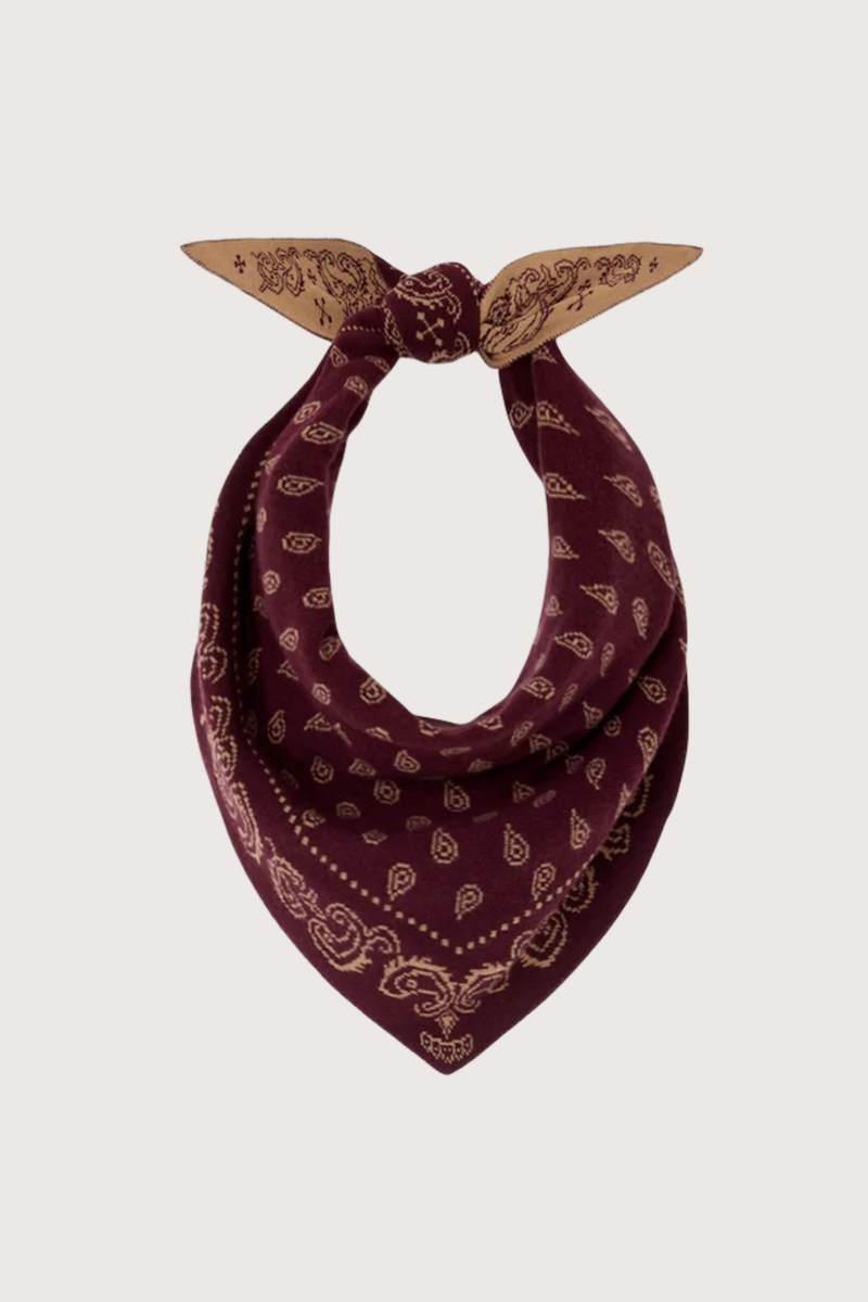 flat lay The Wild Rag Bandana Scarf fig and camel Reversible paisley jacquard
Light-WEIGHT
TWO COLOR TUBULAR JACQUARD KNIT
REVERSIBLE COLORWAY
100% Cashmere