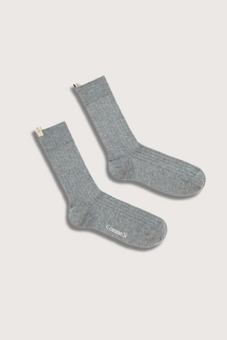 flat lay The Yves Sock Heather Grey cotton ribbed with logo ribbon tab