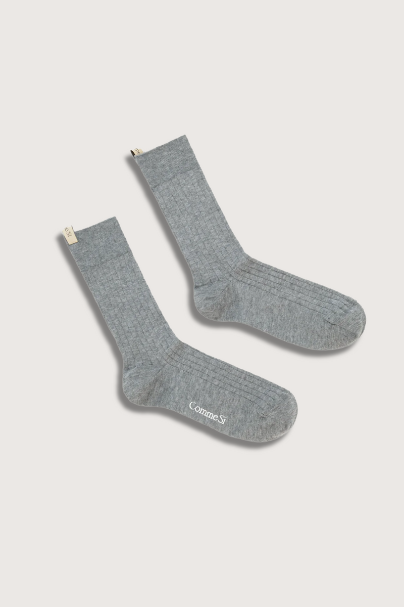 flat lay The Yves Sock Heather Grey cotton ribbed with logo ribbon tab