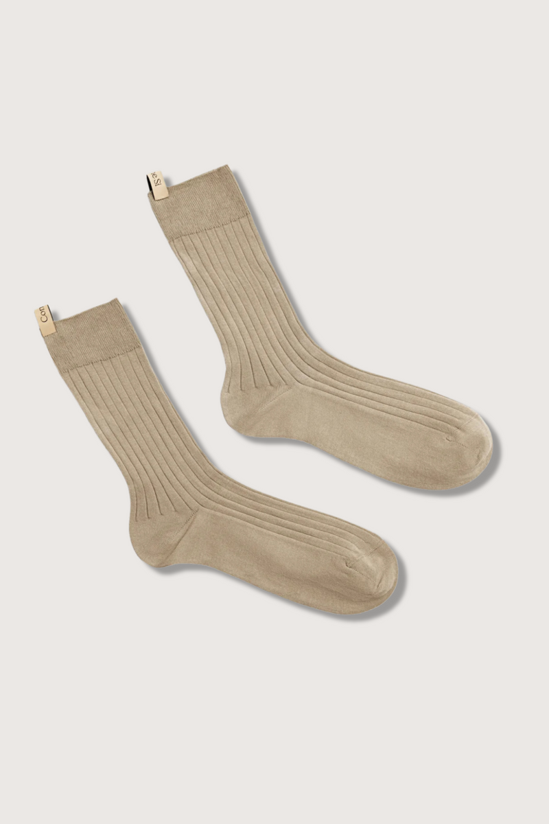 flat lay The Yves Sock Khaki Egyptian cotton wide rib with decorative logo ribbon tab