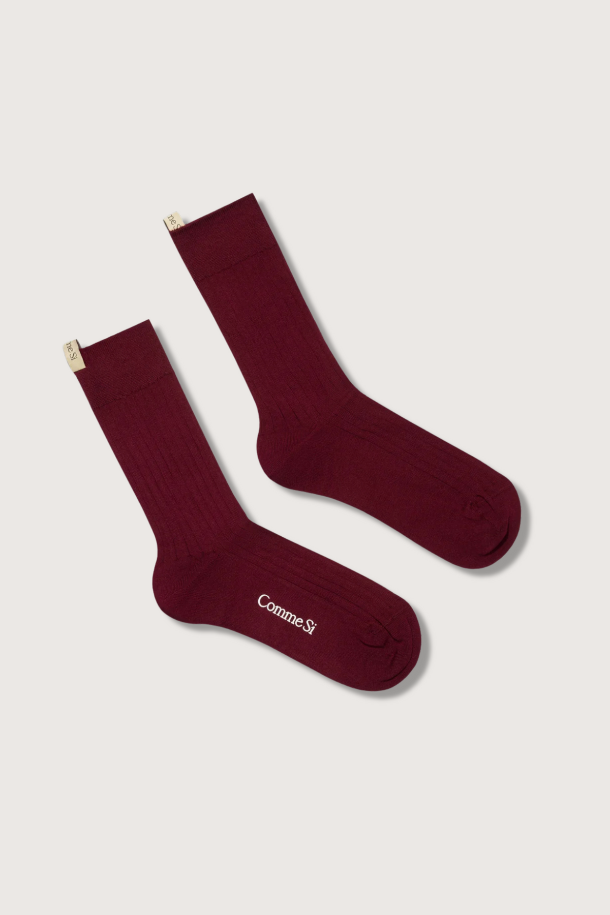 flat lay The Yves Sock Maroon Egyptian cotton wide rib with decorative logo ribbon tab