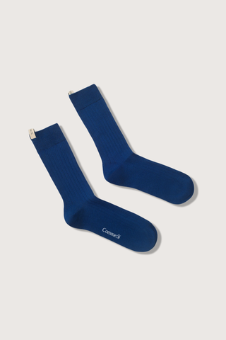 flat lay The Yves Sock Royal Blue Egyptian cotton with decorative logo ribbon tab
