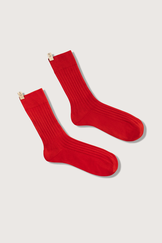 flat lay The Yves Sock Scarlet Egyptian cotton with decorative logo ribbon tab