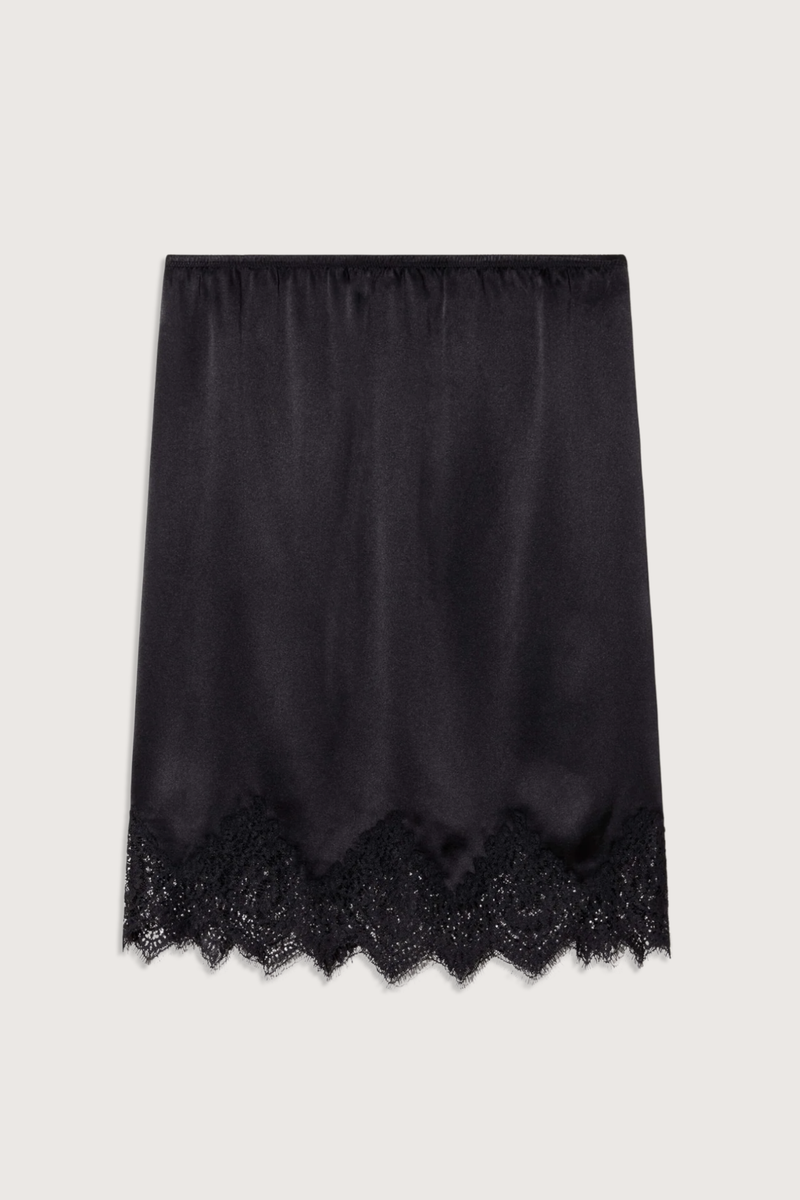 flat lay Thea Lace Hem Skirt black Elastic waistband
Lace hem detail
100% Silk