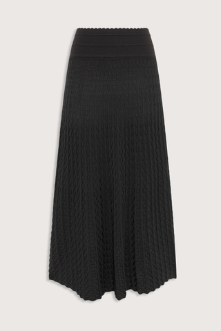 flat lay Thelma Skirt ebony deep black Two-tone
Pleated “arrow”-patterned knit
Mid-length cut
Wicker-style knit skirt
High waist
Wide scalloped waistband
50% viscose, 45% pure extra-soft virgin wool, 5% polyester