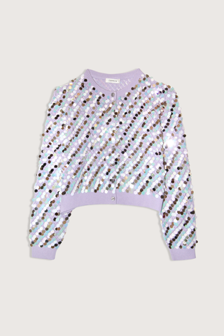 flat lay Thysco 2 Cashmere Multi Sequin Cardigan lavender 70% Merino wool, 30% Cashmere
Crewneck
7 front button closure
Long sleeve
sequins throughout
Solid lavender contrast on hem and cuff