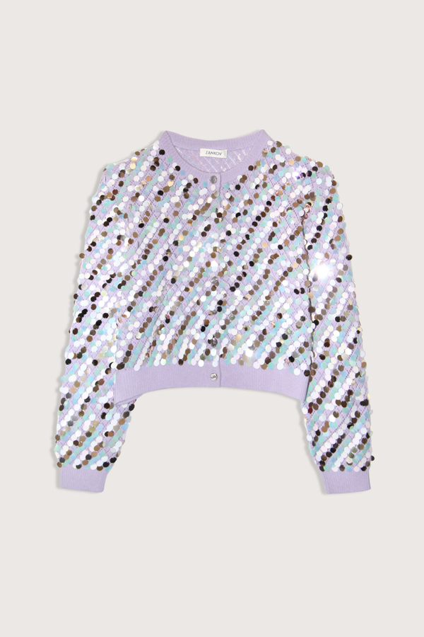 flat lay Thysco 2 Cashmere Multi Sequin Cardigan lavender 70% Merino wool, 30% Cashmere
Crewneck
7 front button closure
Long sleeve
sequins throughout
Solid lavender contrast on hem and cuff