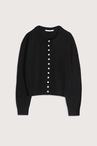 flat lay Tiny Button Cardigan Black Relaxed fit
Drop shoulder tiny shell buttons at the center front
Long sleeve cardigan
 Cashmere  Cotton blend