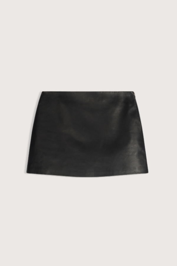 flat lay Tolmia Leather Mini Skirt noir Slightly A-line silhouette
Back darts
Aged-brass-tone metal zip
100% lambskin (chrome-free tanning); lining 100% viscose