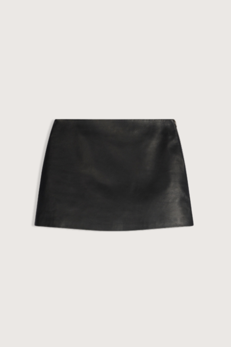 flat lay Tolmia Leather Mini Skirt noir Slightly A-line silhouette
Back darts
Aged-brass-tone metal zip
100% lambskin (chrome-free tanning); lining 100% viscose
