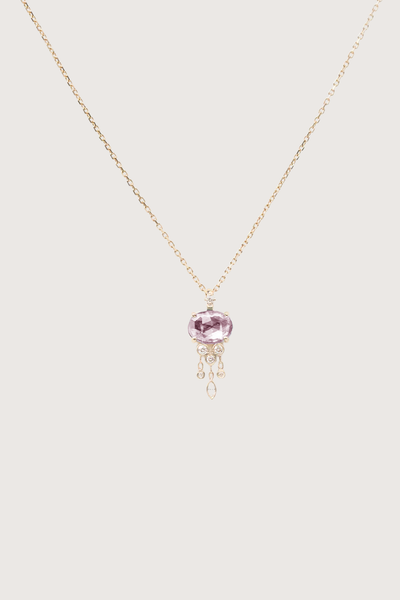 flat lay Tourmaline & Diamond Jellyfish Necklace Jellyfish Necklace
14-karat yellow gold chain
Pink tourmaline jellyfish pendant
Dangling diamonds