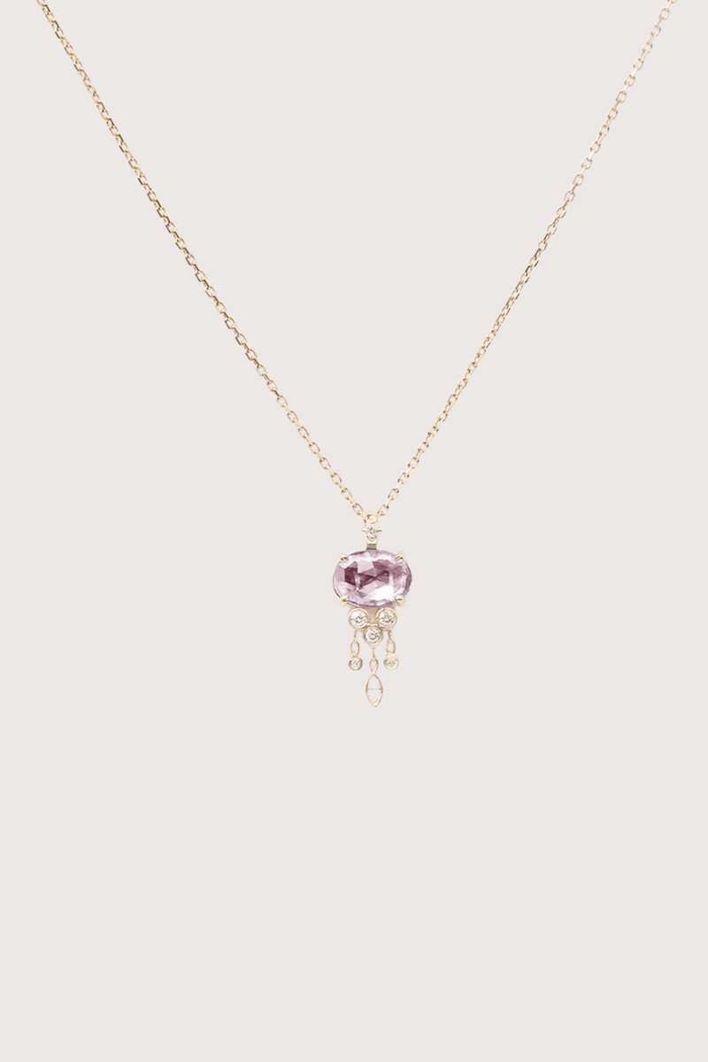 flat lay Tourmaline & Diamond Jellyfish Necklace Jellyfish Necklace
14-karat yellow gold chain
Pink tourmaline jellyfish pendant
Dangling diamonds