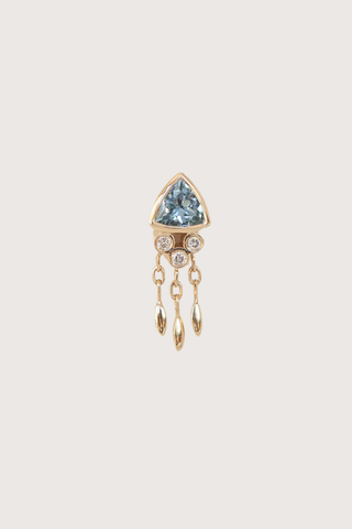 flat lay Triangle Aquamarine & Diamond Single Earring 14k light yellow gold earring
One dark blue aquamarine
Diamonds and dangling details