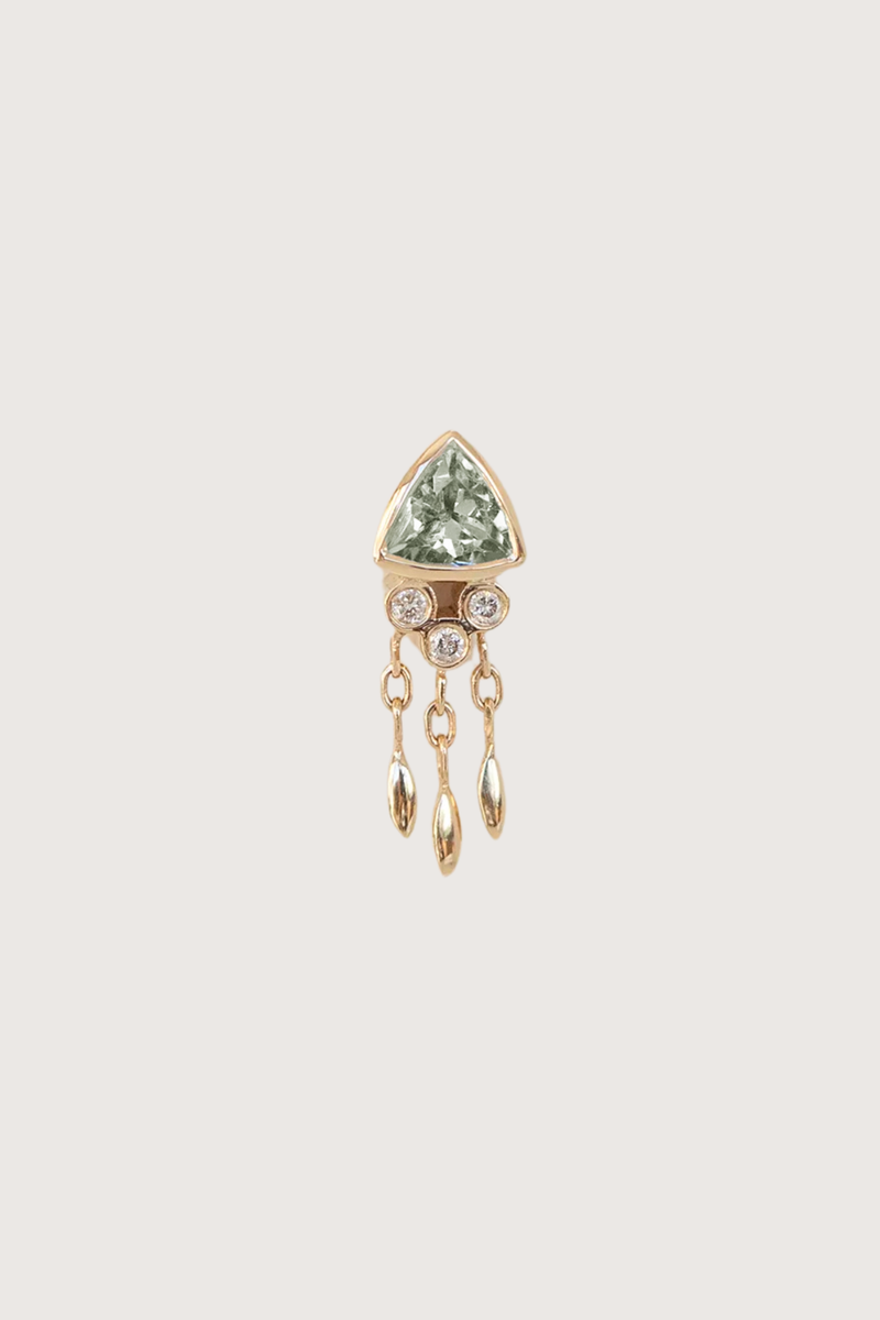 flat lay Triangle Light Green Tourmaline & Diamond Single Earring 14k light yellow gold earring
One light green tourmaline
Diamonds and dangling details