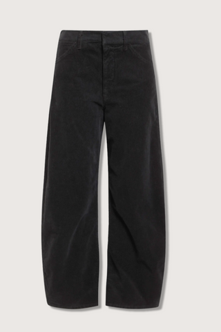 flat lay Tribeca Corduroy Pant black mid rise relaxed barrel leg slant pockets