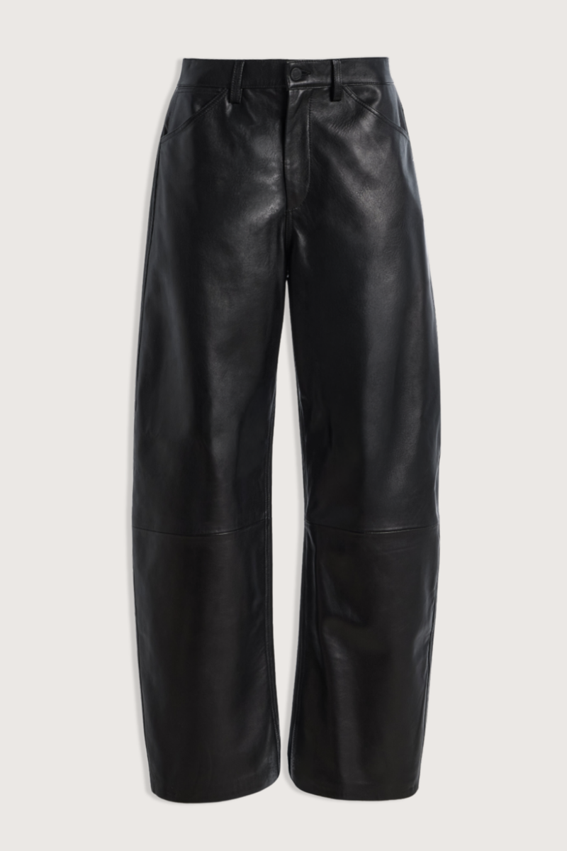 flat lay Tribeca Leather Pant black Barrel-leg
Mid-rise
Zip fly with button closure
Five-pocket style
Leather
100% Lambskin Leather