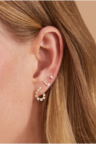 model wearing Triple Marquise Earring (Pair) 14k gold