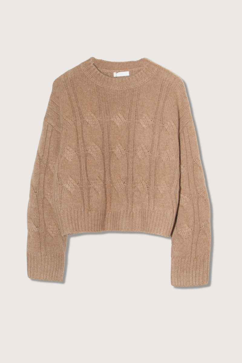flat lay Tristan Crewneck Cable knit sweater Camel cashmere