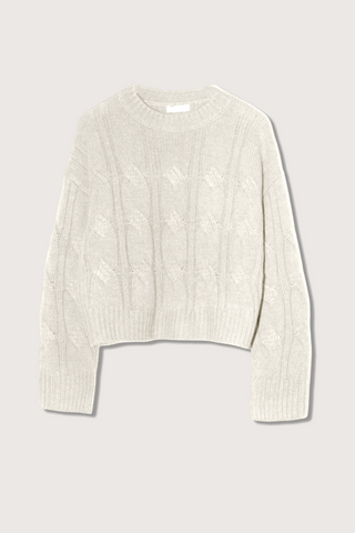 flat lay Tristan Crewneck Cable knit sweater Gardenia white cashmere