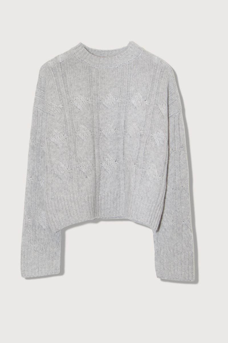 flat lay Tristan Crewneck Cableknit Sweater Foggy grey cashmere