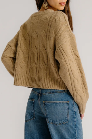 back profile model wearing Tristan Crewneck Cable knit sweater Camel cashmere